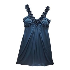 En Focus Petite 14P Ruffle V Neck Sleeveless A-Line Dress TealGreen Stretchy Boh